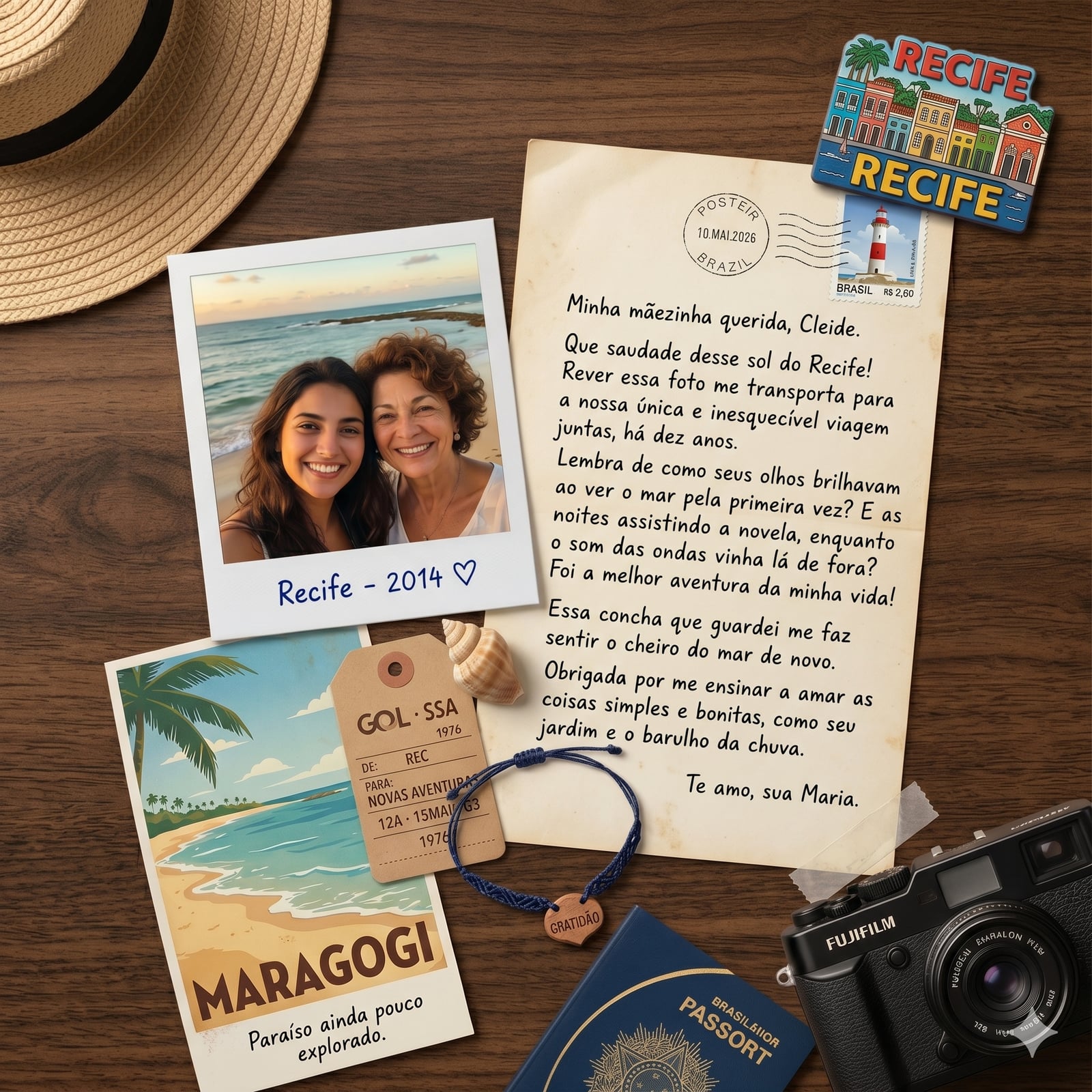 Exemplo de colagem: polaroid de mãe e filha em Recife, com carta manuscrita azul, postal de Maragogi e selo dos Correios