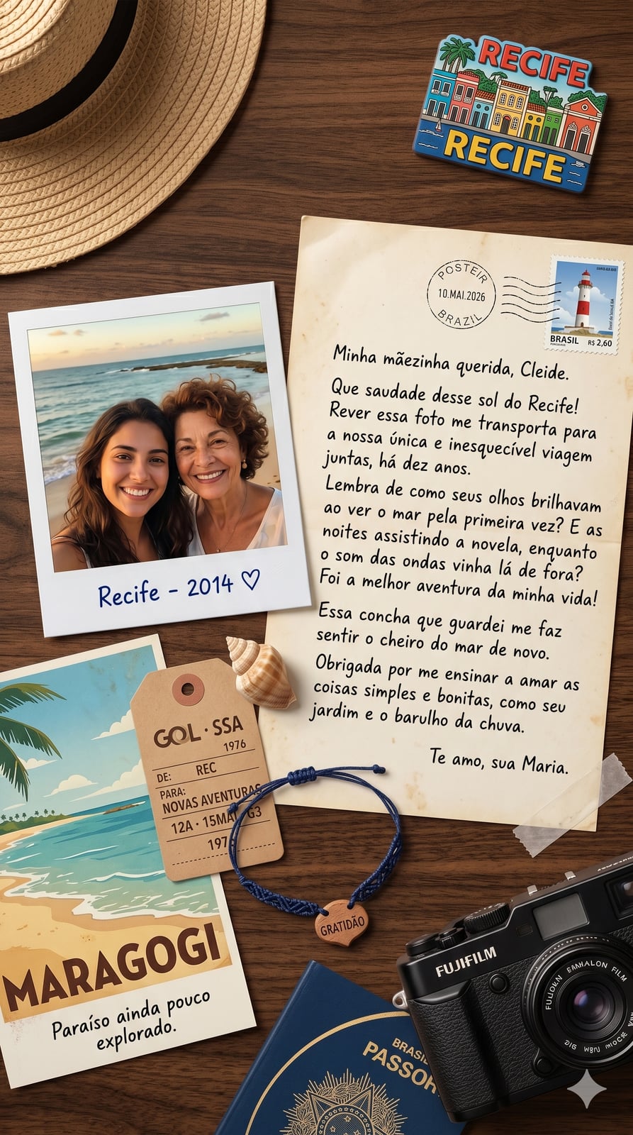 Exemplo vertical 9:16 com polaroid de mãe e filha em Recife, postal de Maragogi, carta manuscrita azul para a mãe e etiqueta de bagagem GOL